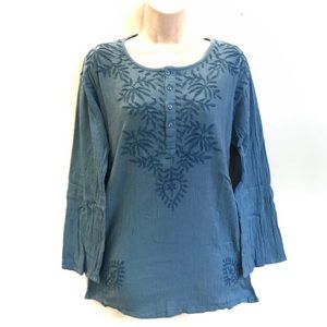Vintage Classic Embroidered Gauze Kurta Top Blue